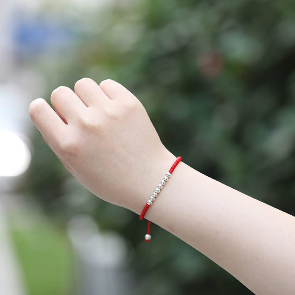 Bracciale Rigido in Argento for Donna, Bracciale Intrecciato in Corda Rossa con Perline in Argento S925 Braccialetti dell'amicizia Regolabili Gioielli di Moda fortunati