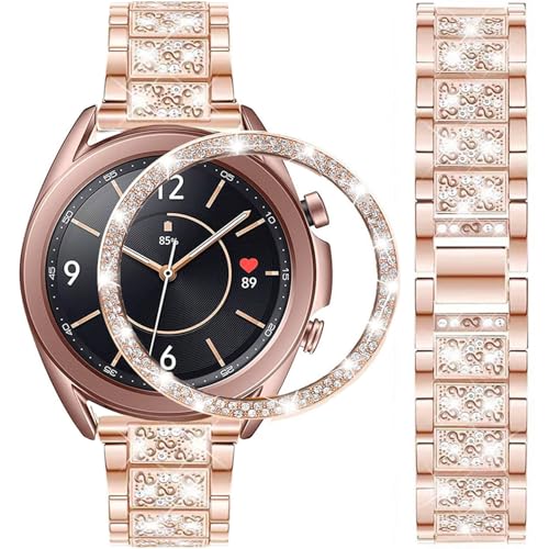 DEALELE Bands Compatible with Samsung Galaxy Watch 3 (41mm), 20mm Bling Diamond Stainless Steel Metal Bracelet with Rhinestone Bezel Ring Case Cover Replacement for Women Men (Rose gold)