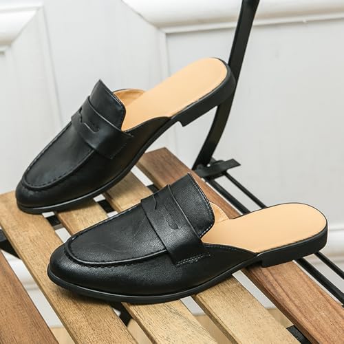 Men's Leather Slip On Mules Slippers Comfortable Round Toe Backless Flats Loafers for Business Work Dress Casual Penny Shoes 7