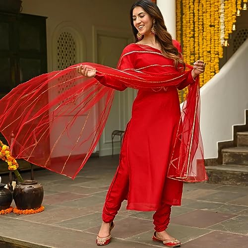 Image of GoSriKi Women's Cotton Blend Straight Solid Kurta with Pant & Dupatta