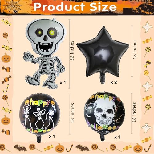 Image of AMFIN (Pack of 5) Happy Halloween Party, Skeleton Ghost Foil Balloons - White, Black