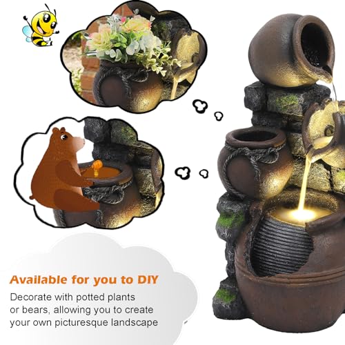 TITIMO Outdoor Water Fountain with Flower Pot and Lights - Cascading Pitchers Farmhouse Fountains and Waterfalls, Garden Fountain Patio Decor, Waterfall Fountains Indoor and Outdoor