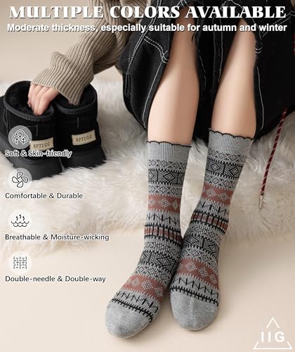 Image of IIG 3-5 Pairs Womens Vintage Cozy Crew Socks Soft Cute Neutral Cotton Socks Exquisite Patterns Socks Gift