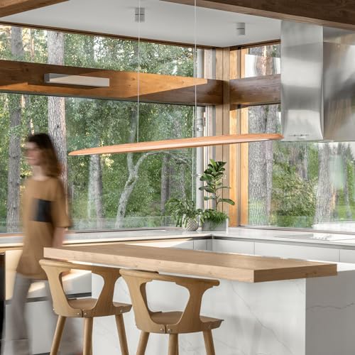 Image of YISDESIGN 51 inch 36W Wood LED Linear Pendant Light Fixture Led Dining Room Light Dimmable Hanging Light Fixture for Dining Room Kitchen Island Pool Table Lights Natural Ash