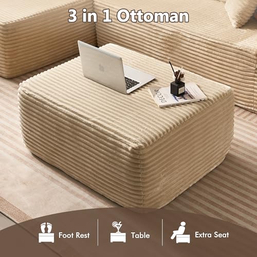 Image of HOOOWOOO Cloud Sectional Couch for Living Room,Modular Sectional Sofa No Assembly,Matching Plush Corduroy Ottoman(Beige)