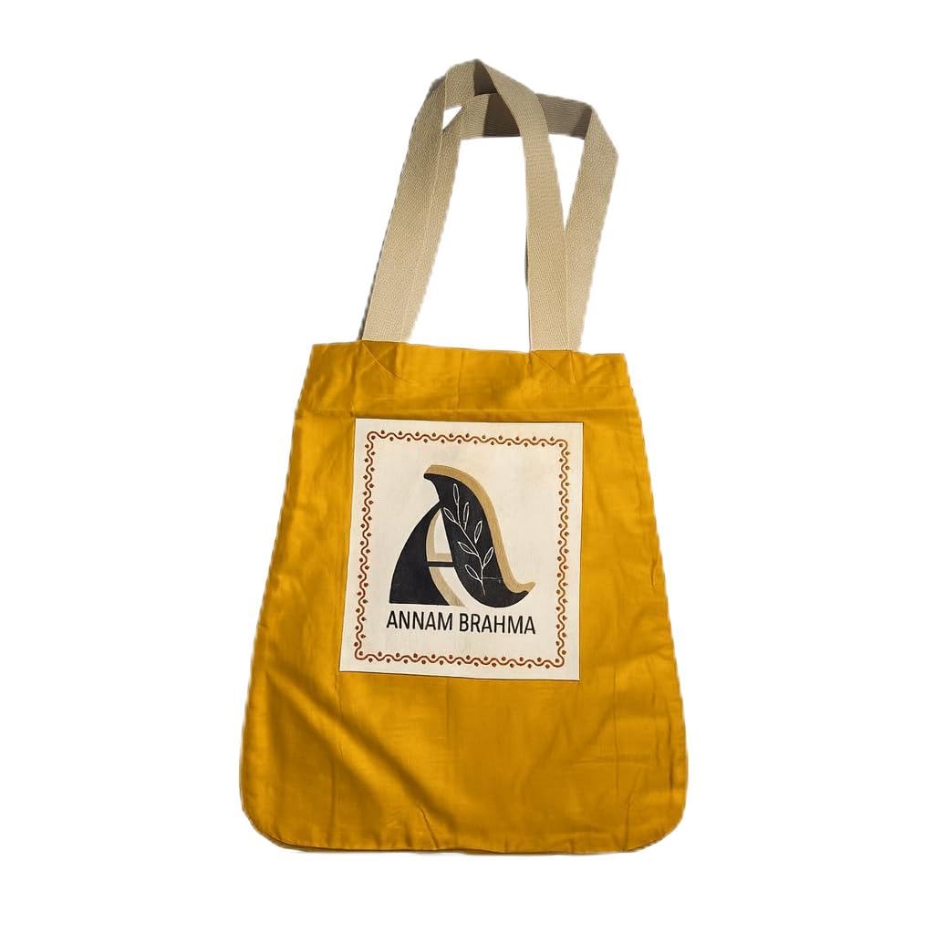ANNAM BRAHMA Cotton Tote Bag | Stylish Jhola Bag for Women with Pockets | Shopping Grocery, Vegetables, Kitchen Essentials, and Daily Use | Durable, Strong Stitching & Handles (Yellow)