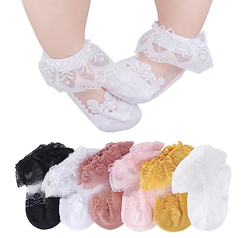 Image of CHUNG Baby Toddler Girls Princess Cotton Frilly Socks Lace Ruffle Pack of 4/5/6 Thin Mesh Summer for Dress