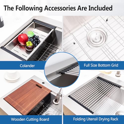 Image of 33 Farmhouse Sink, Drop In Stainless Steel Apron Front Farm Sink 33x22x9 Single Bowl 16 Gauge with Accessories