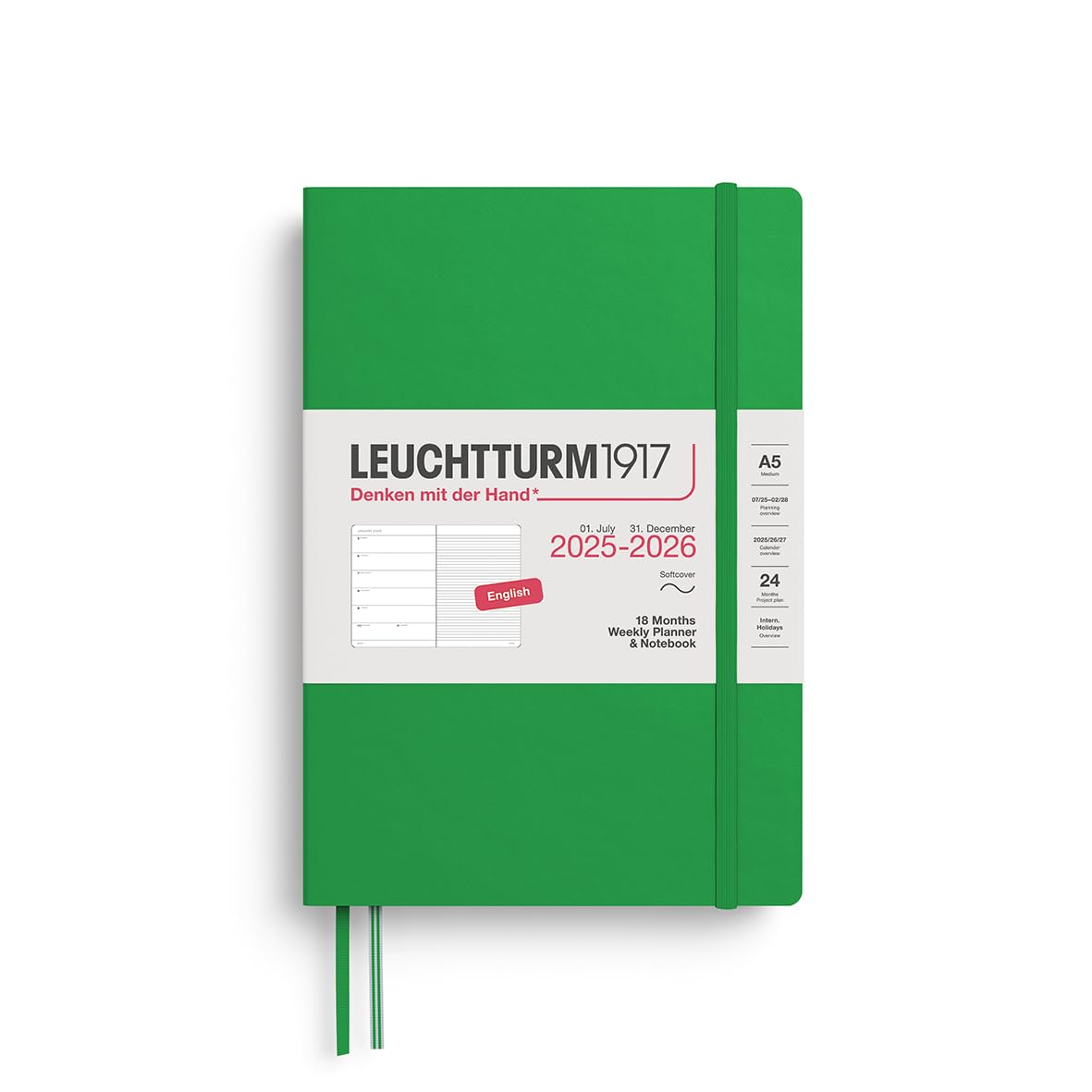 LEUCHTTURM1917 3720805 Agenda semana vista y libreta Medium (A5) 2026, 18 meses 07.2025-12.2026, Tapa Blanda, Spring Leaf, Inglés