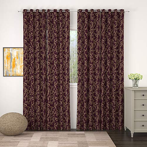 Image of Story@Home Bloom Collection Jacquard Lavish and Modern Rich Floral Print 4 Piece Eyelet Ring top Door Curtain for Bedroom and Hall - 7 Feet, Glaze Magenta