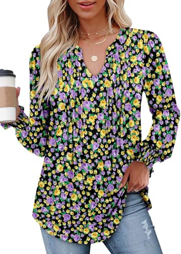 BETTE BOUTIK Long Sleeve Shirts for Women Fall Tops Dressy Blouses Pleated V Neck Tunic Tops for Leggings S-3XL