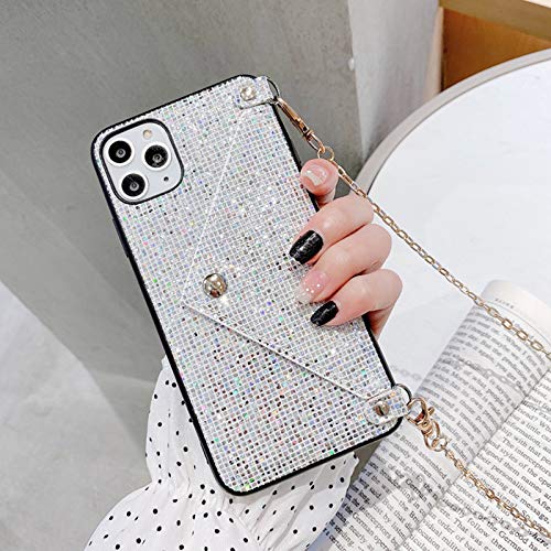 Omorro for iPhone 12 Pro Max Wallet Case, Bling Diamond Case with Credit Card Holder Slot Crossbody Chain Handbag Purse Glitter Crystal Shiny Rhinestone Protective Cover Girly Case White - Thumbnail 5