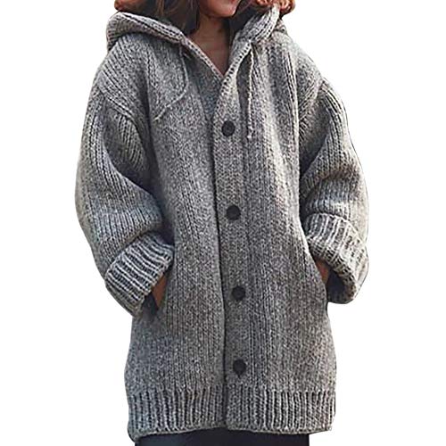 Vertvie Gilet Cardigan Femmes avec Capuche Veste en Tricot Chaud Hiver Pull Tricoté Casual Bouton Gilet Grosse Maille Outwear Blouson Chandail Sweater Outwear