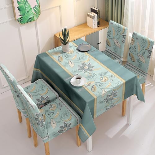 Image of Styleys Dining Chair Covers with Rectangular Table Cover | Waterproof Dining Table Cloth for Dining Room - 1 Table Cover + 4 Chair Cover, Teal Gold Bloom, XKFSZB-5A