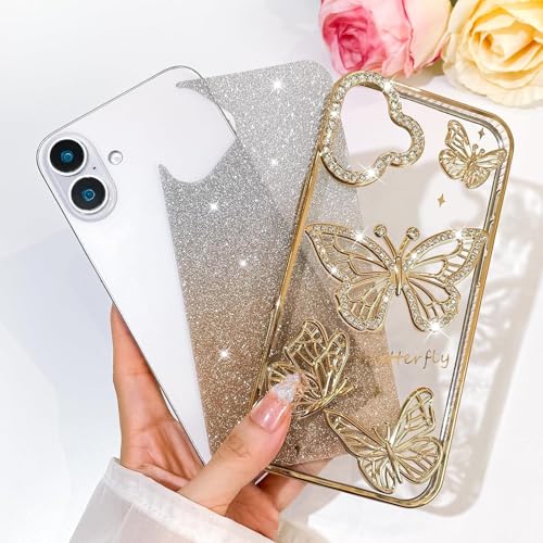 Image of Elzzi Electroplated Diamond Butterfly Phone Cover for iPhone 17 Case, Showcasing Soft TPU, Shockproof, Stylish Back Cover for Girls & Women (Pink)