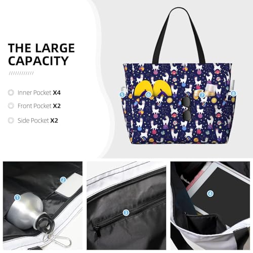 Large Beach Bags Water-resistant Sandproof - Cute Alpaca Starry Sky Planet Cute Beach Tote Bags for Women with Zipper3