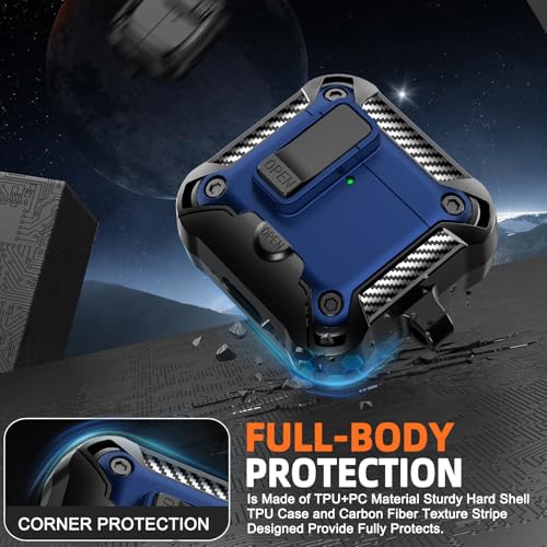 Image of for AirPods 4 Case with Lock & Phone Stand(Blue) | Automatic Snap Switch Lock,Carbon Fiber Texture Design Cover with Cleaner Kit