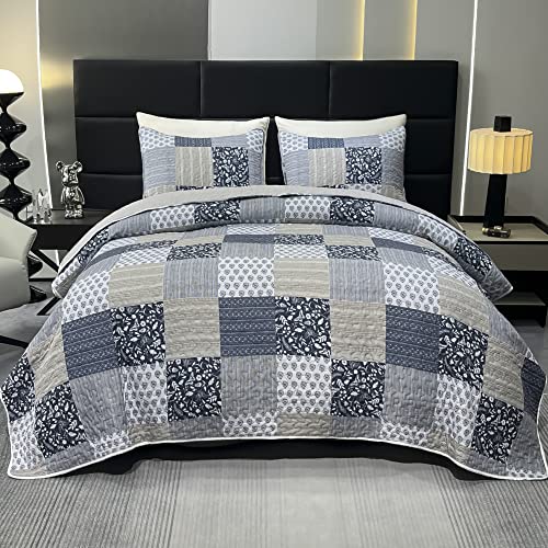 Grey Patchwork Quilt Set Full Queen Size Floral Plaid Reversible Quilted Bedspread Coverlet 3-Piece Lightweight Comforter Stitched Bedding Set Bed Sheet Set Cover Blanket With 2 Pillow Shams #TOP7