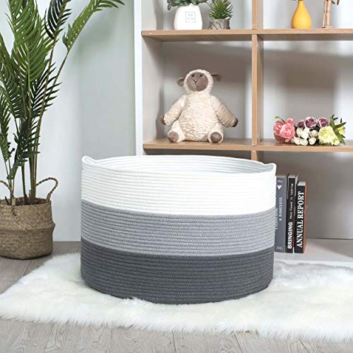 Mintwood Design Extra Large 22 X14 Inches Decorative Woven Cotton Rope Basket, Laundry Basket, Blanket Basket, Baby And Dog Toy Storage Baskets Bin, Kid Laundry Hamper, Towel Basket, 3-Tone Dark Gray #TOP4