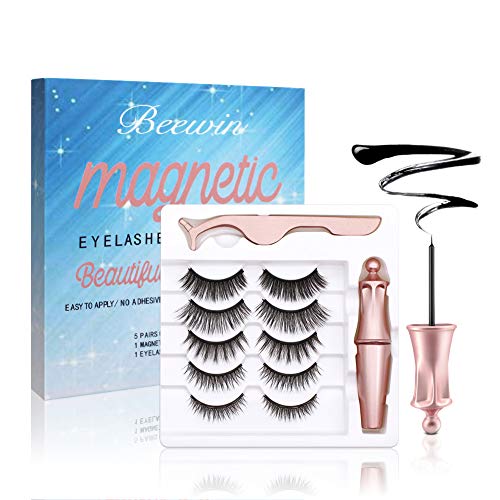 Magnetic Eyelashes and Magnetic Eyeliner Kit, Beewin Upgraded 5 Pairs of Different Styles Reusable 3D Magnetic Eyelashes with Magnetic Eyeliners and Tweezers, Easy to Apply with Natural Look