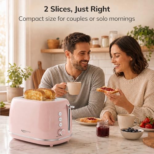 Image of 2 Slice Toaster Retro Stainless Steel with Bagel, Cancel, Defrost Function and 6 Bread Shade Settings Bread Toaster, Extra Wide Slot and Removable Crumb Tray (Pink)