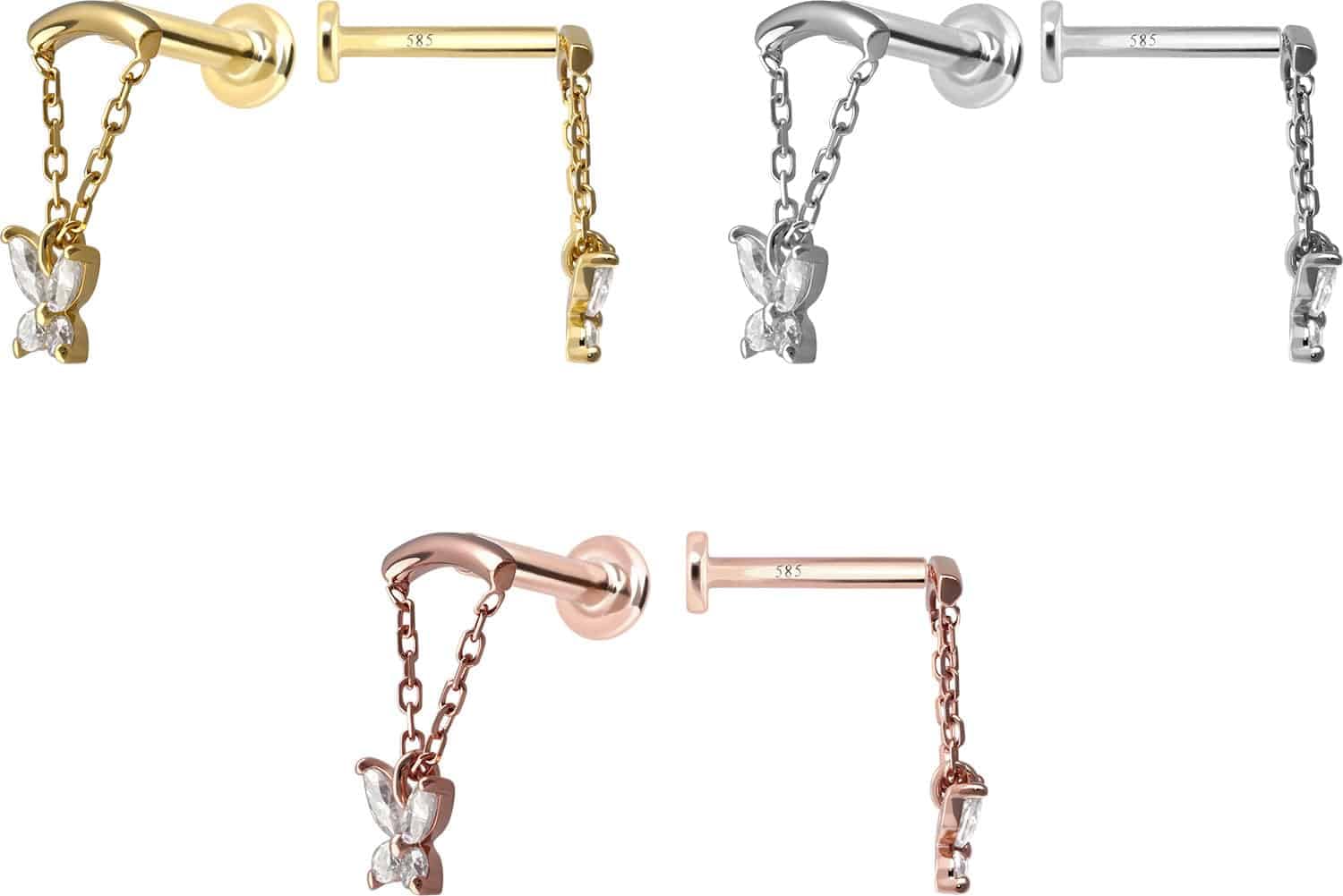 PIERCINGLINE Piercing Stecker 14 Gold Labret mit Push Fit MOISSANIT-SCHMETTERLING + BOGEN + KETTE 585er Gold - Roségoldfarben, Goldfarben, Silberfarben