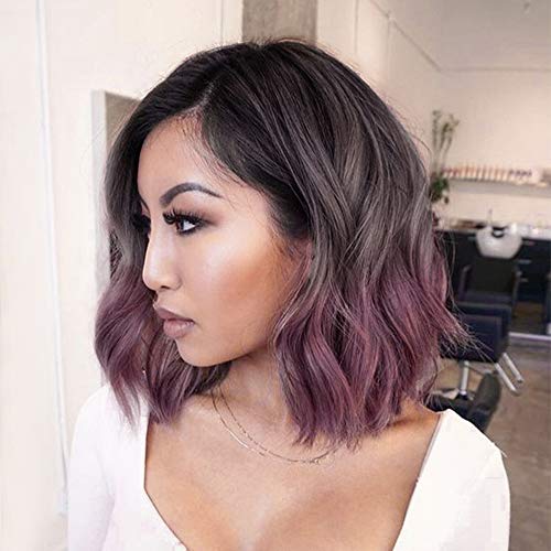 Civrie Hair Short Wavy Bob Ombre Purple Wig, Dark Roots 3 Tones Side Part Wig, Synthetic Heat Resistant Cosplay Wigs for Black Women