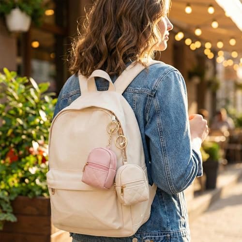 2 Pcs Mini Keychain Backpack, Cute Cosmetic Bag for Women Creative Pendant Keychain Keyrings PU Leather Makeup Bag Key Pocket Lipstick Bag Card Holder Zipper Pouch(Pink+Beige) - Image 5