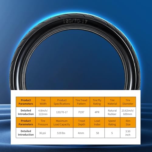 Motorcycle Tire 120/70-17 Tubeless 4PR 58S, Street Tire for Sport & Street Bike, Enhanced Grip & Handling, Fits 17" Rims — view 2