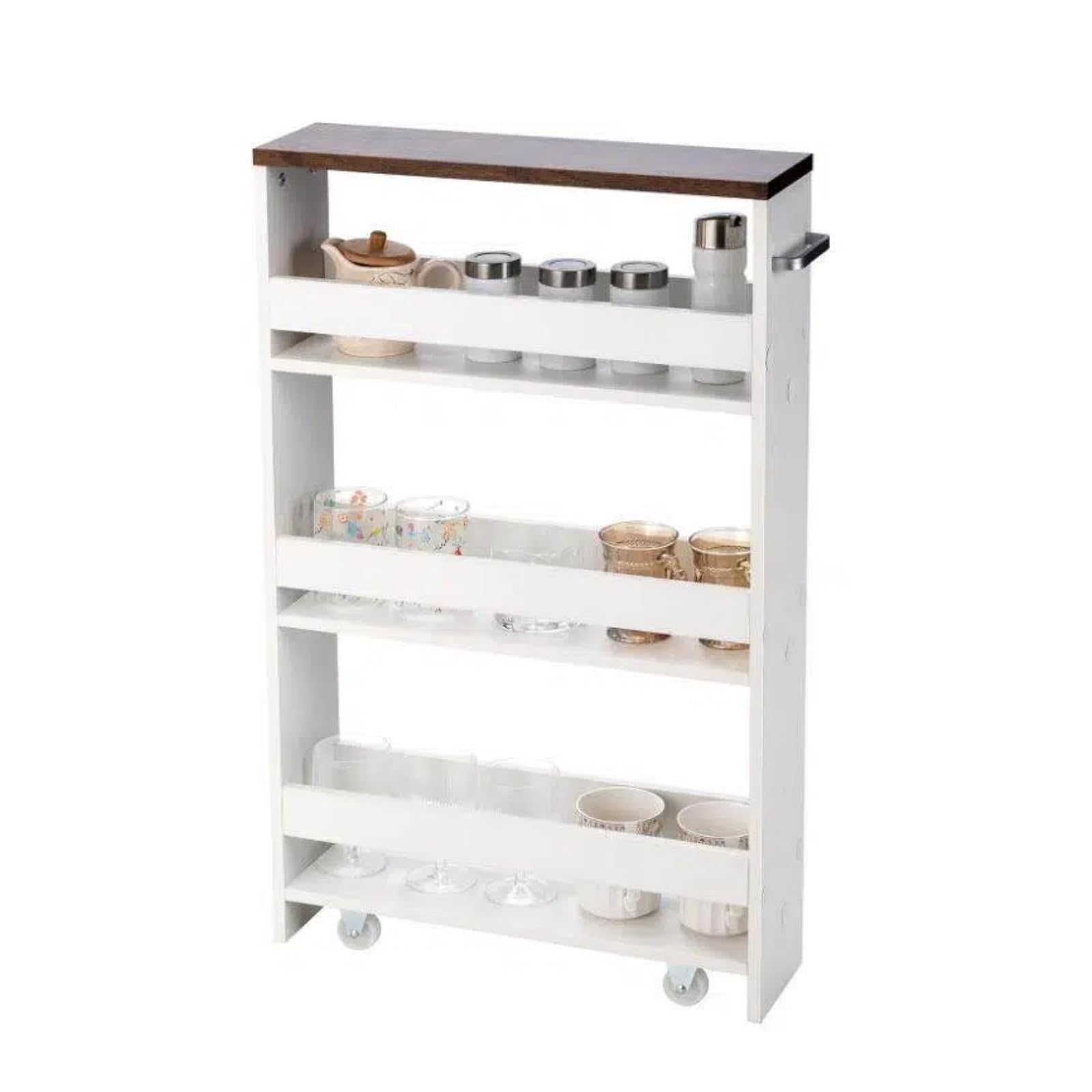 KOMFOTTEU Carrito de Cocina Estrecho, Carro Auxiliar de 4 Niveles con 4 Ruedas Universales, Carro Organizador con Asa, Ahorro de Espacio, 47,5 x 25/30 x 80,5 cm (Blanco y Industrial, 25 cm)