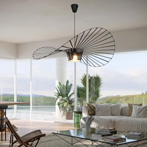 Image of Modern Black Woven Chandelier, 39.37 inch Farmhouse Coastal Hat Pendant Light Fixtures Matte Black Handwoven Shade Boho Pendant Hanging Lamp for Kitchen Dining Room Bedroom Foyer Hallway