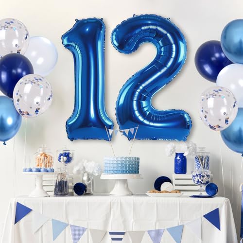 Image of Navy Blue 12th Birthday Giant Self Inflating Number 12 Balloon, Metallic Dark Blue Silver Confetti Foil 40 Inch Helium Balloon for Boys Birthday Party Women Anniversary Decor