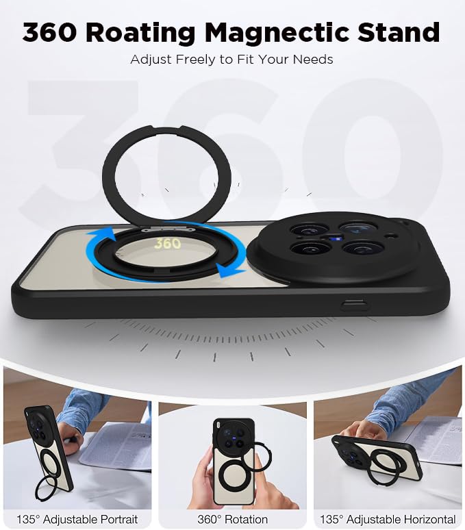Image of RIGGEAR Shockproof Sleek Hybrid Armor 360 Rotating Magnetic Ring Stand Back Cover Case Compatible with MagSafe Accessories for Vivo X300 Pro (Clear PC + Black TPU Bumper)