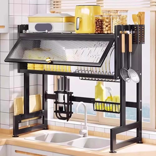 Escurridor de platos de cocina sobre fregadero, escurridor de platos de acero de metal de 3 niveles, ahorra espacio y drenaje eficiente para encimera