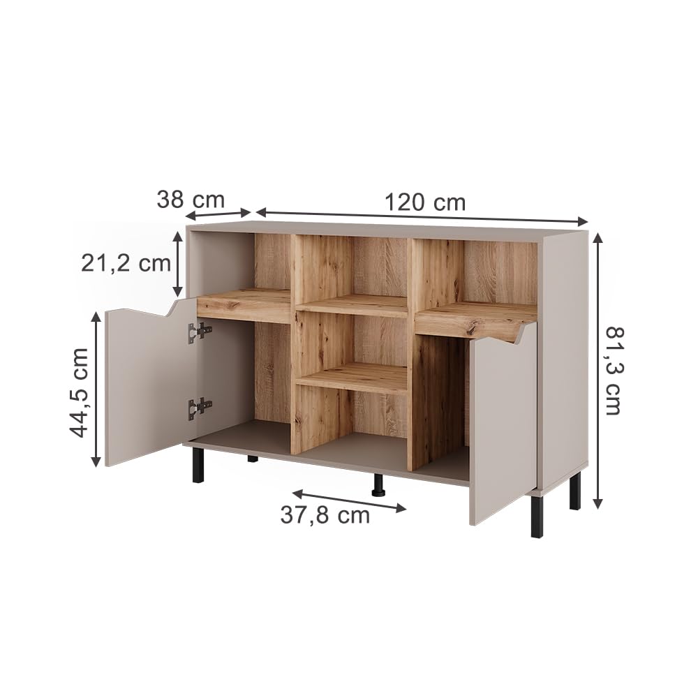 Vicco Aparador Marelle, Roble grisáceo/Artesano, 120 x 81.3 cm | con 2 puertas, para guardar ropa, libros o artículos del hogar