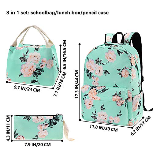 Junlion Flowers Backpack Kids School Bag 3-In-1 Bookbag Set, Rose Laptop Backpack Lunch Bag Pencil Case Gift For Teen Girls Womens Green #TOP3