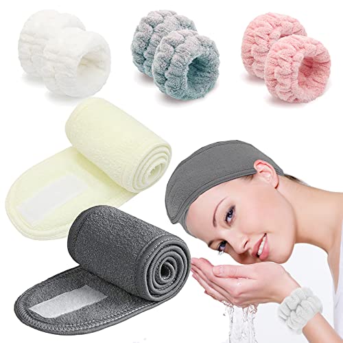 8 Pieces Spa Facial Headband Wristband Towels For Washing Face Women Make Up Skincare Wrap Head Terry Cloth Headband Adjustable Towel For Face Wash Shower (White Gray light pink+ white gray)