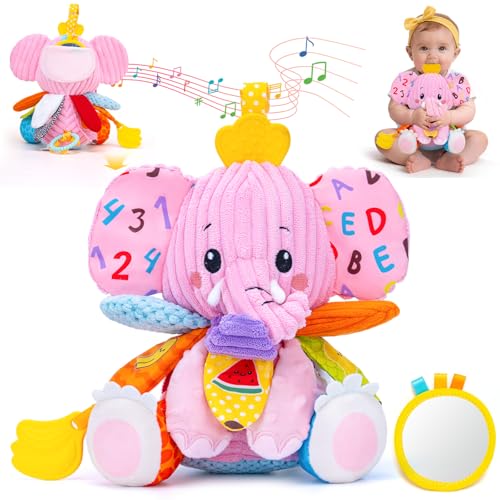 Image of Baby Girl Toys 0-6 6-12 Months, Sensory Musical Toddler Toy for 3 4 5 6 7 8 9+ Months, Pink Elephant Plush Infant Toy with Teether, Crinkle, Rattle Baby Mirror for Tummy Time Newborn