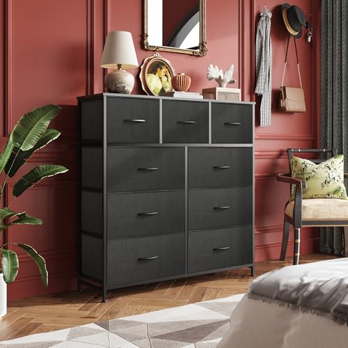 Image of WLIVE 9-Drawer Dresser, Fabric Storage Tower for Bedroom, Hallway, Entryway, Closet, Tall Chest Organizer Unit with Fabric Bins, Steel Frame, Wood Top, Easy Pull Handle, Charcoal Black