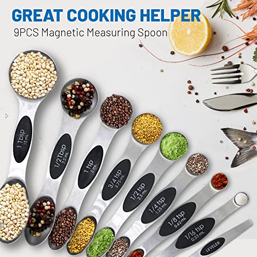 9 Pcs Magnetic Measuring Spoons Set, Dual Side Teaspoon Measuring Spoon, Heavy Duty Stainless Steel Measuring Spoons With Leveler, Suitable For Measuring Dry And Liquid Components #TOP1