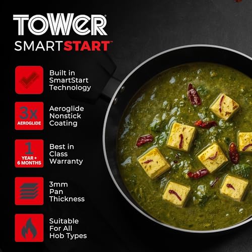 Image of Tower SmartStart 26cm(3.5 L) Aluminium Non-Stick Kadai,Temperature Indicator with Red Heat Spot, Indian Cooking Kadai for Sabzi & Curry, PFOA-Free, Gas & Induction Compatible, 2 Year Warranty