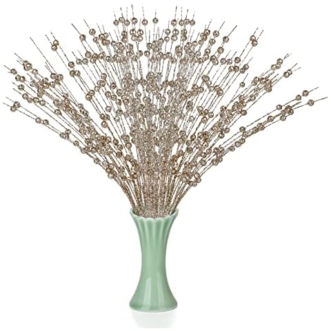 KWQBHW 10 Pack Christmas Glitter Berry Stems Champagne Artificial Berries Picks Bead Sticks for Christmas Tree Ornament DIY Wreath Crafts Holiday Decor, 40cm Cover