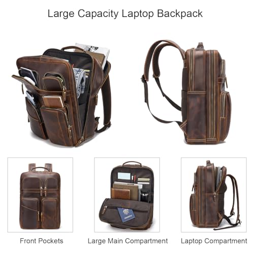 Vintage Full Grain Leather Backpack for Men, Multifunctional Pockets 17.3” Laptop Travel Daypack Shoulder Rucksack4