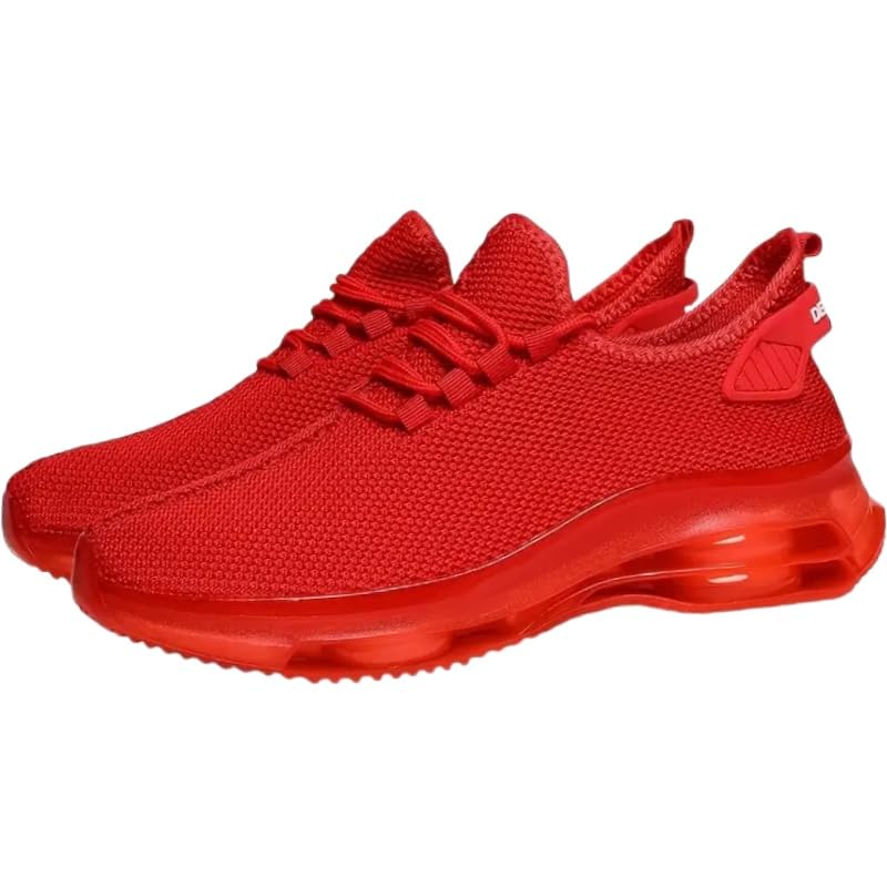 Men's Breathable Knit Sneakers - Casual Lace-Up Running Shoes with Air Cushion, Non-Slip PVC Sole, Fabric Upper, Inner & Insole, Faux Outsole, Solid Color, All-Season