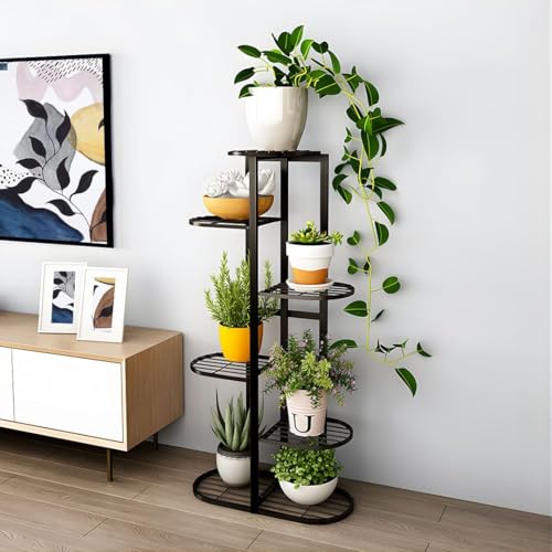 Image of Multi-Tiered Plant Stand for Balcony & Living Room | 6 Tier 7 Pot Holder Metal Planter Stand | Indoor Outdoor Flower Pot Rack | Decorative Iron Plant Stand for Home Garden & Balcony Decor (Black)