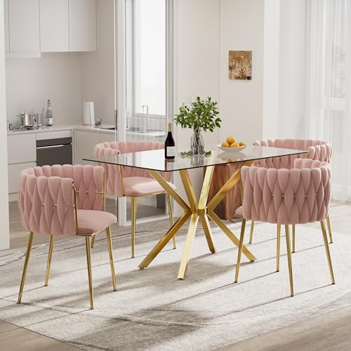 HAIZAO 5 Pieces Modern Luxury Glass Dining Set, Minimalist Rectangle