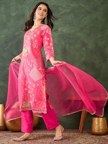 Image of Naixa Women's Lemon Chinon Embroidered Printed Straight Kurta with Green Pant | Chinon Laced Dupatta Set | 3 /4 Sleeve | V-Neck | Haldi (Available in Plus Size)