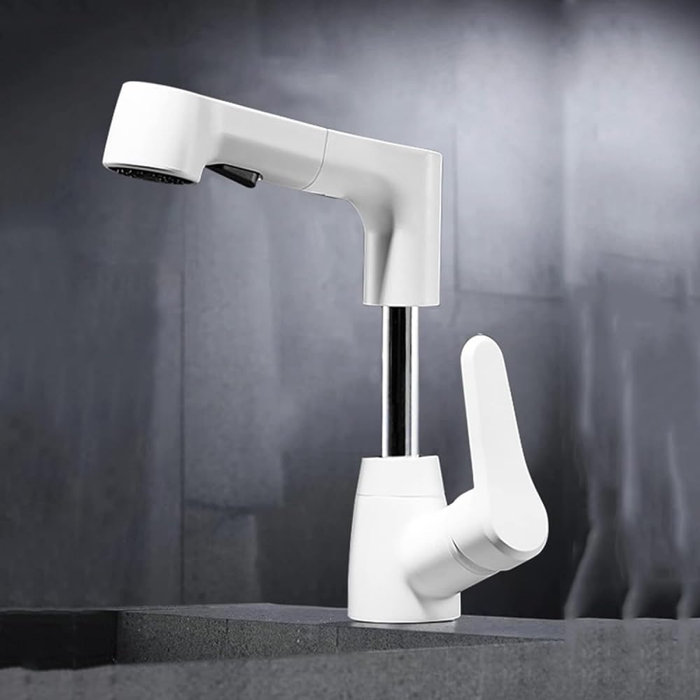 Robinet de lavabo extractible blanc avec douchette rotative 360 pour salle de bain - 5