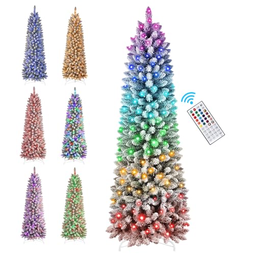 SHareconn 6ft Prelit Snow Flocked Artificial Hinged Slim Pencil Christmas Tree, with Remote...