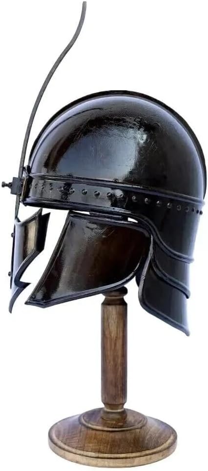 Medieval Black Knight Helmet with Wooden Display Stand, 18 Gauge Steel | Functional Wearable, Brass Accents, Adult Size, Celtic Style, Wipe Clean Care